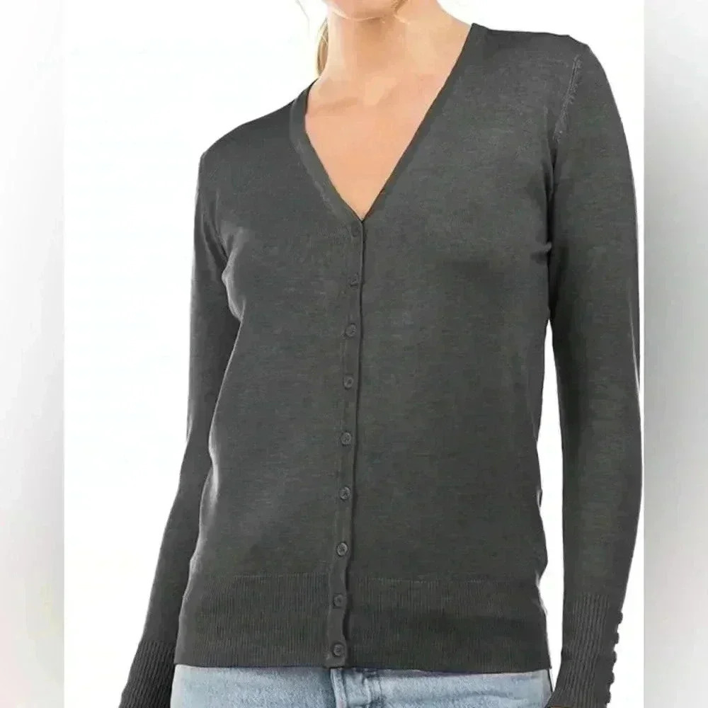 Cielo | Cotton & Silk Blend Gray Button Down V-Neck Sweater Cardigan